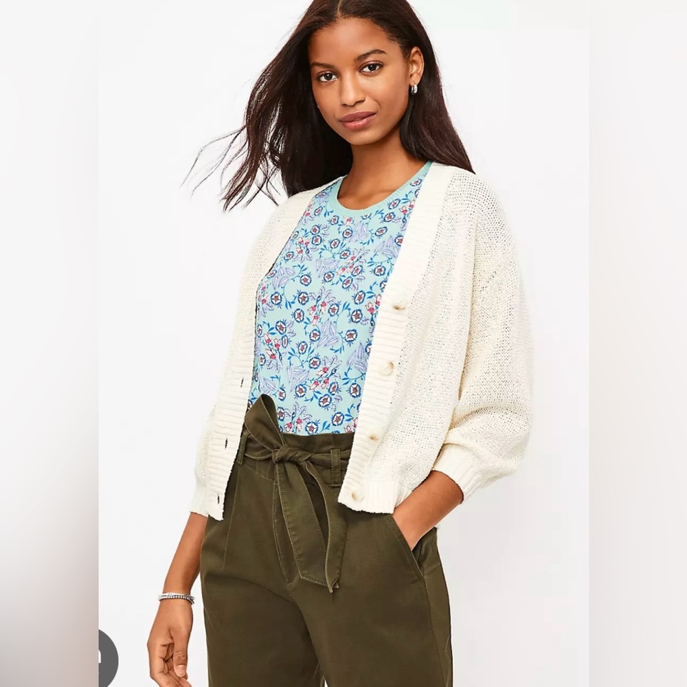 Loft Cream Marled 3/4 Sleeve Cardigan, size S